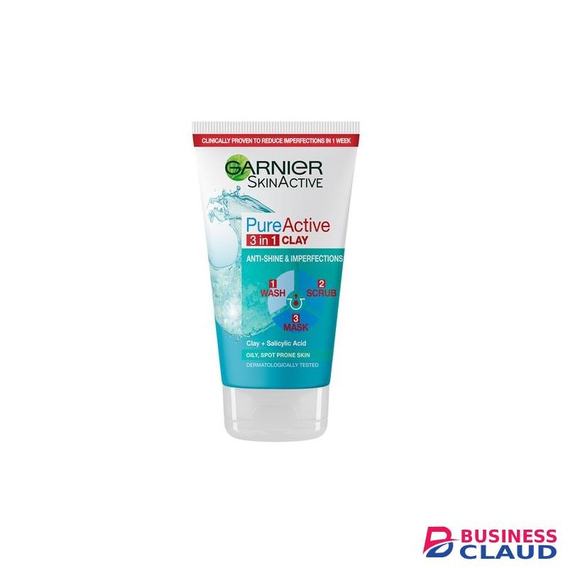 Garnier Pure Active 3 In 1 Clay Anti-Shine & Imperfections Wash, Scrub, Mask With Clay+ Salicylic Acid For Oily, Spot-Prone Skin - 150ml