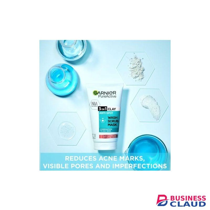Garnier Pure Active Cleanser 3IN1 Clay Anti-Sport Wash, Scrub, Mask With Niacinamide + Clay For Oily SKin Scientifically Proven To Reduce Imperfections In 1 Week - 150ml