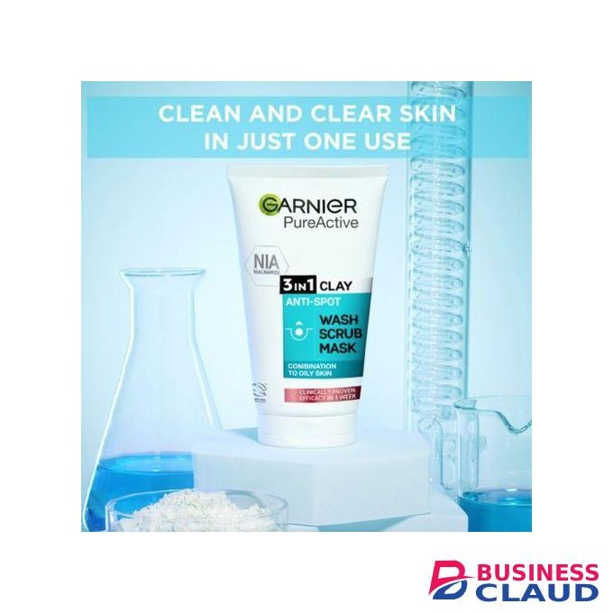 Garnier Pure Active Cleanser 3IN1 Clay Anti-Sport Wash, Scrub, Mask With Niacinamide + Clay For Oily SKin Scientifically Proven To Reduce Imperfections In 1 Week - 150ml