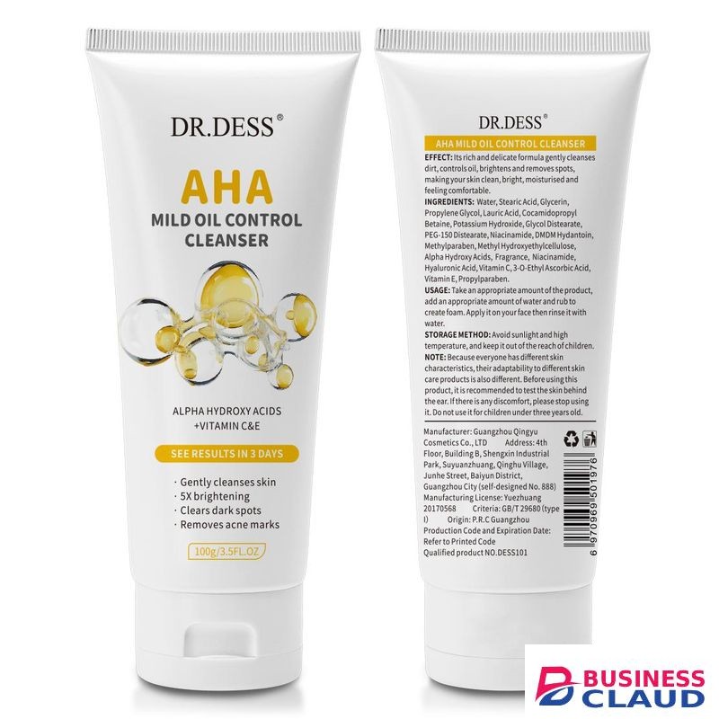 DR.DESS AHA Face Cleanser - Removes dead skin cells and deep clean pores to brighten and smooth the skin Anti Aging and Fade Dark spots