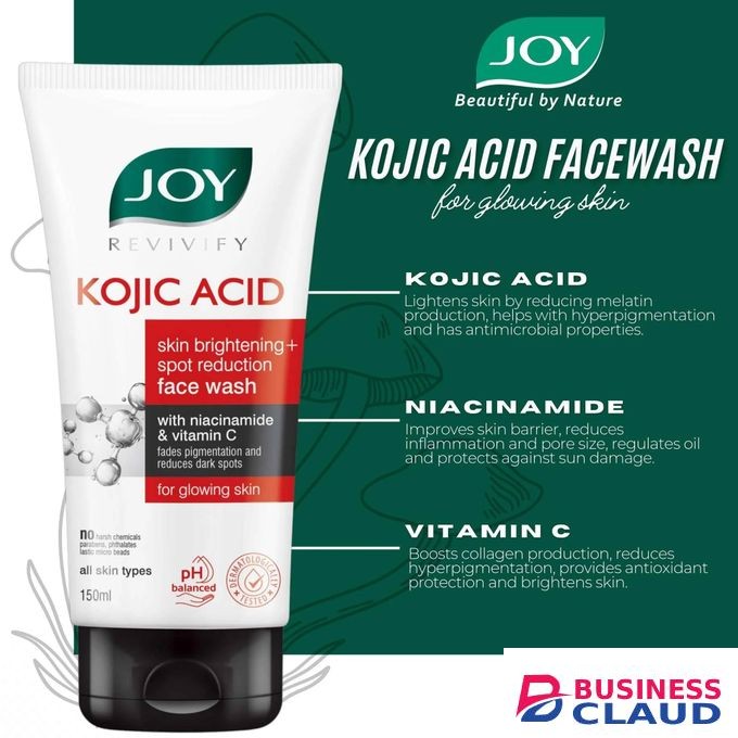 JOY REVIVIFY Kojic Acid Skin Brightening & Spot Reduction Face Wash With Niacinamide. Cleanses, Brightens, Glows, Fade Dark Spots, Pigmentations, Acne Marks, Evens The Skin Tone, Remove Impurities & Dirt