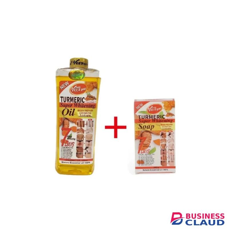VEET GOLD Turmeric Supper Whitening Oil 200ml + Soap 250g Whitening Soap Clears Knuckles Removes Dirt & Impurities Super Whitening Clears Dark Thighs Anti Dark Spots Body Oil 200ml
