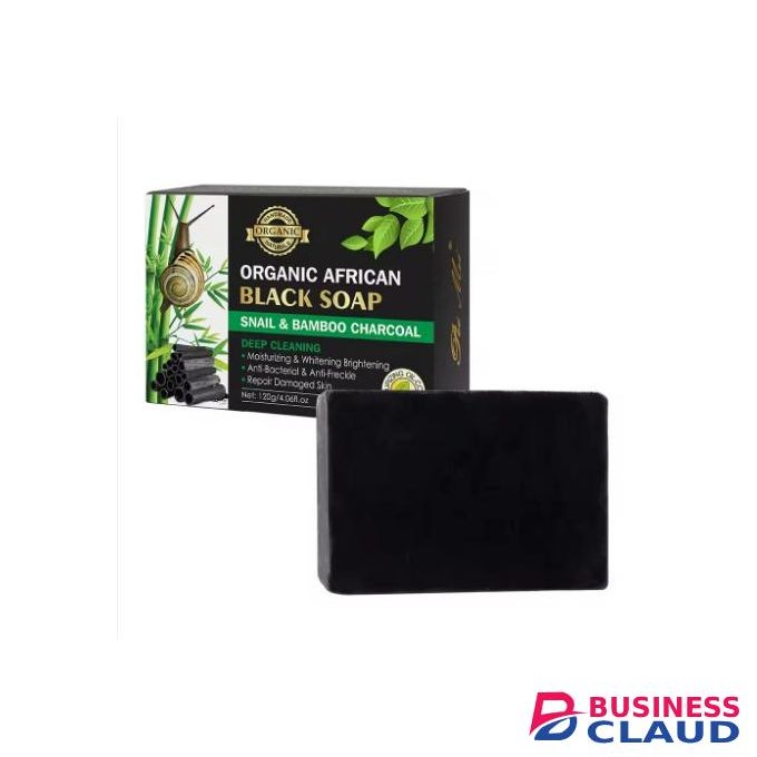 African Essence ORGANIC AFRICAN BLACK SOAP WITH SNAIL & BAMBOO CHARCOAL – DEEP CLEANSING & BRIGHTENING BAR.