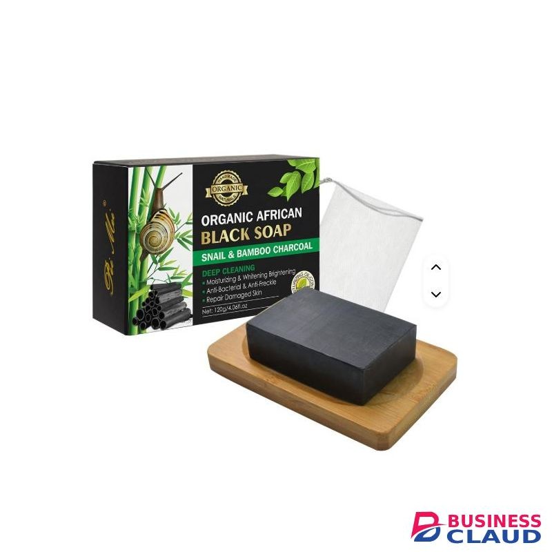 African Essence ORGANIC AFRICAN BLACK SOAP WITH SNAIL & BAMBOO CHARCOAL – DEEP CLEANSING & BRIGHTENING BAR.