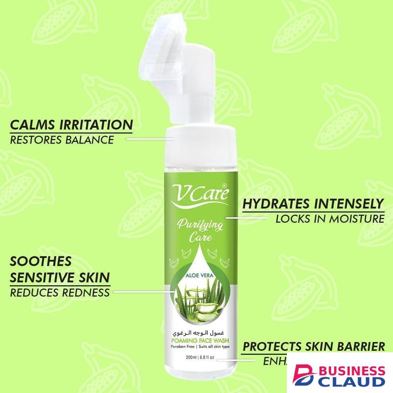 VCARE Purifying Care ALOE VERA Foaming Face Wash. Reduces Redness, Pufifies, Washes away dirt, Hydrates, Restore Balance, Locks in Moisture, Cleanses & Refreshes.