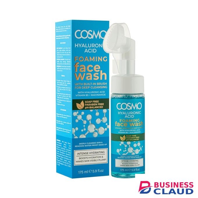 Cosmo Hyaluronic Acid Foaming Face Wash 175ml, With Built-in Brush for Deep Cleansing, Paraben Free & Ph Balanced, Boosts Hydration and makes Skin Visibly Plump, For Daily Use