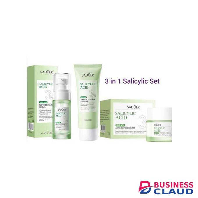 SADOER 3 in 1 Acne Repair Serum+Cream+Cleanser Salicylic Acid 3% With Contains Centella Asiatica, Niacinamide and Collagen Anti Aging Pimples Remover,Skin Barrier Repair for Acne Prone Sensitive Skin Care, Clogged Pores, Oily Skin, and Acne-Prone