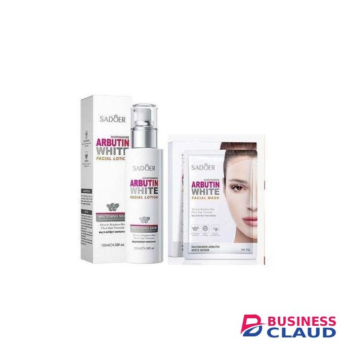 SADOER 10 IN 1 Evening Skin Care Set Arbutin Facial Lotion + 9 White Masks Reduces Age Spots, Acne Scars, & Post-blemish Redness