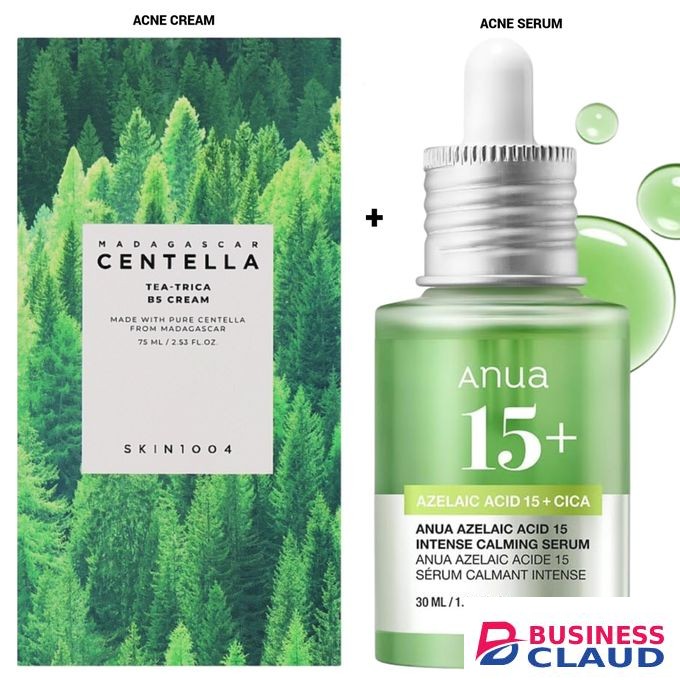 SKIN1004 Centella Tea Trica B5 Face Cream + Anua Azelaic Acid 15 + Cica Face Serum. Moisturizes, Treats Acne, Calms Acne, Rosacea, Soothes Redness & Irritations, Fades Acne Marks, Hyperpigmentation, Spots, Smooths, Soften, Evens skin tone & Glows