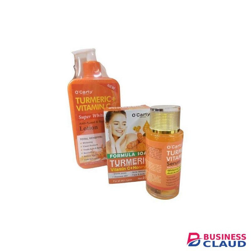 O'Carly Turmeric + Vitamin C Super Whitening Lotion, Soap, and Serum Brightens Skin, Lightens Dark Spots, Evens Tone, Hydrates Deeply, Nourishes, Anti-inflammatory Benefits