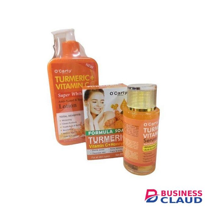 O'Carly Turmeric + Vitamin C Super Whitening Lotion, Soap, and Serum Brightens Skin, Lightens Dark Spots, Evens Tone, Hydrates Deeply, Nourishes, Anti-inflammatory Benefits