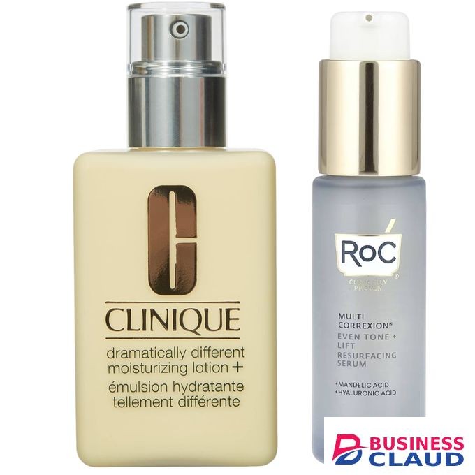 Even Tone & Lift Resurfacing Face Serum with Mandelic Acid + Clinique Moisturizing Lotion. Gives a youthful-looking glow, Moisturizes, Brightens, Evens skin tone, Smooths lines, Clears skin, Removes Dark Spots, Discolorations, Softens & Lifts the skin.