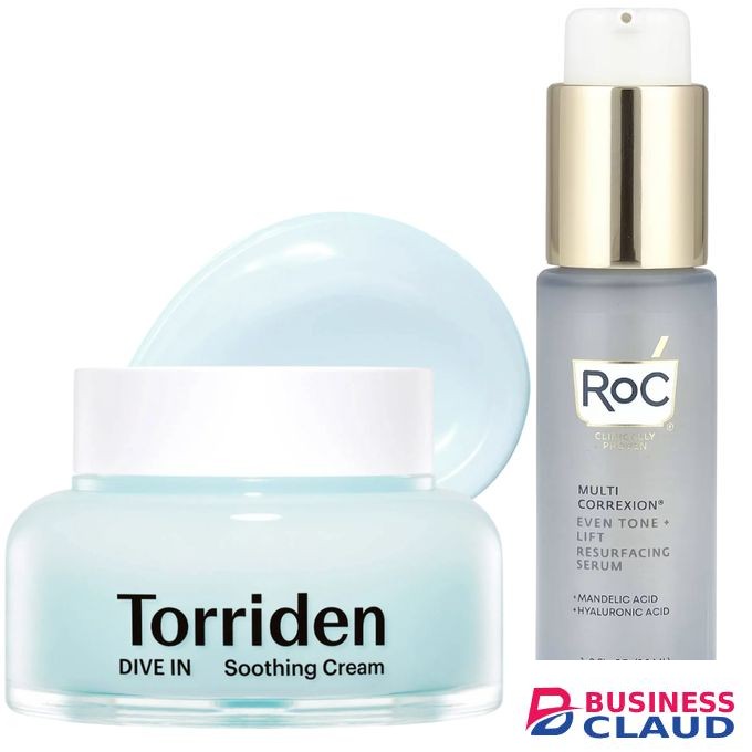 Torriden Dive-In Low Molecular Hyaluronic Acid Soothing Cream + Even Tone + Lift Resurfacing Face Serum with Mandelic Acid. Moisturizes, Brightens, Evens skin tone, Smooths lines, Clarifies, Soothes & Calms Acne, Removes Dark Spots, Discolorations & Lifts
