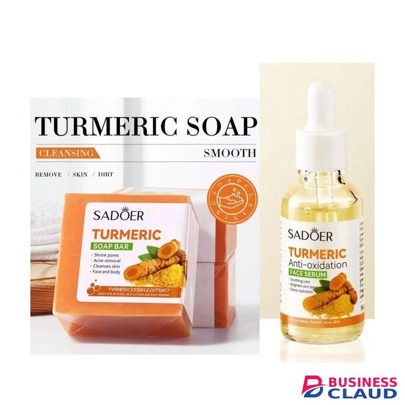 SADOER 2 in 1, Turmeric Serum + Turmeric Soap Bar for Pore Shrinking, Dark Spots, Anti Acne & Moisturizing Tumeric Combo