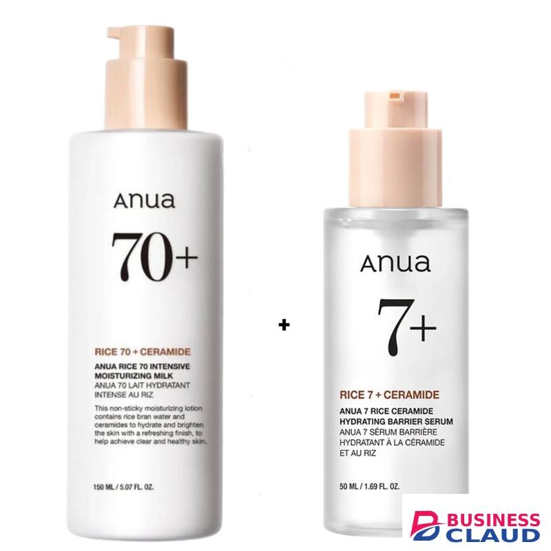 Anua Rice 70+ Ceramide Intensive Moisturizing Milk Lotion + Rice 70+ Hydrating Barrier Serum with Niacinamide. Deeply Moisturizes, Glows, Brightens, Softens, Gently exfoliates, Soothes Acne, Redness, Irritation, Balances Sebum, Evens, Clarifies, Fade acne