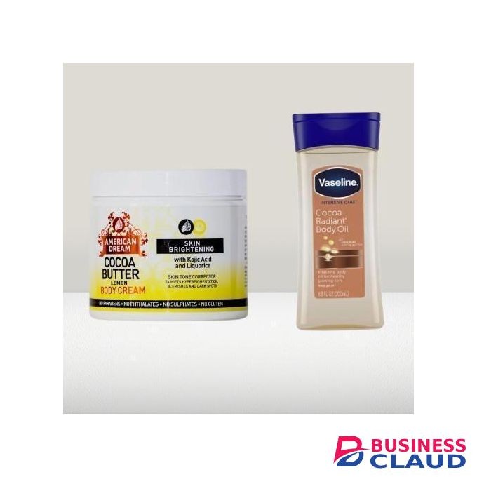 American Dream Cocoa butter lemon cream kojic acid and liquorice + Vaseline Intensive Care Cocoa Radiant Body Oil 200ml +
