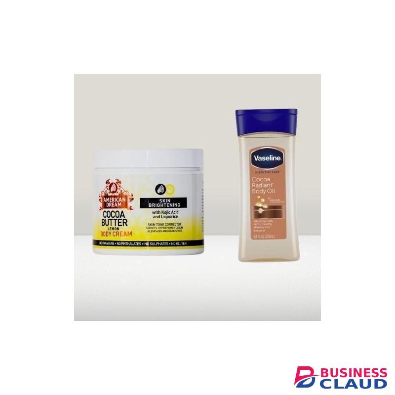 American Dream Cocoa butter lemon cream kojic acid and liquorice + Vaseline Intensive Care Cocoa Radiant Body Oil 200ml +