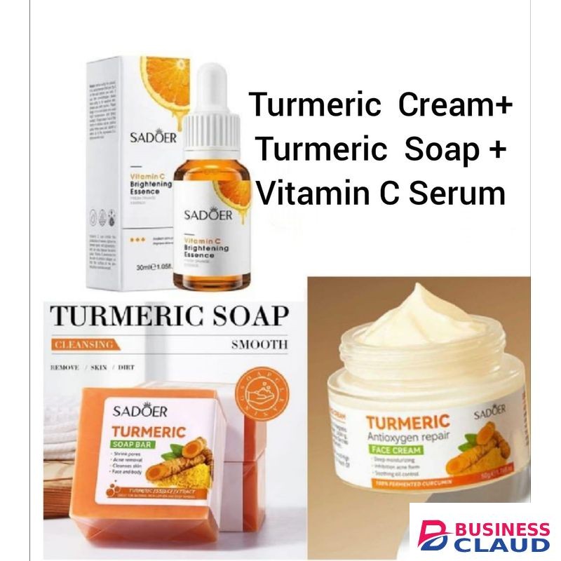 SADOER The Glow Set Kit Turmeric Cream,Tumeric Soap and Vitamin C Brightening Serum