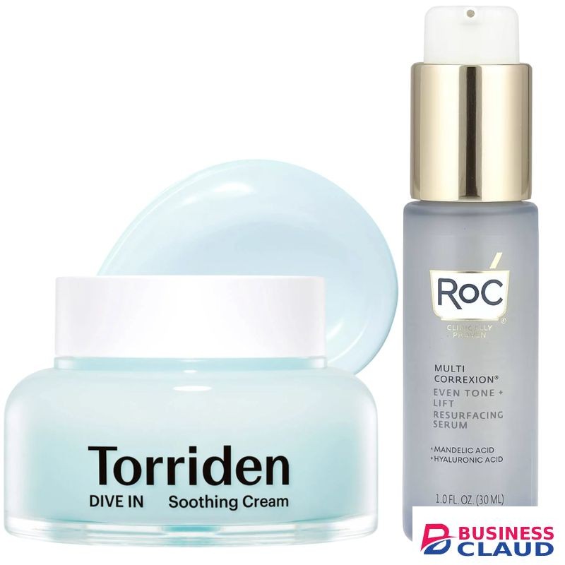 Torriden Dive-In Low Molecular Hyaluronic Acid Soothing Cream + Roc Even Tone & Lift Resurfacing Face Serum. Moisturizes, Brightens, Evens, Smooths lines, Clears skin, Removes Dark Spots, Soothes, Calms Acne, Redness, Irritation, Discolorations & Lifts th