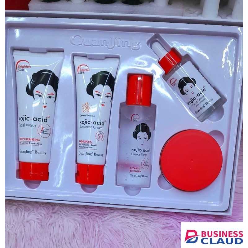 5 in 1 GuanJing Kojic Acid Beauty Skin Care Set - Sunscreen Cream, Essence Toner, Anti-wrinkle face serum, Facial wash & Body Cream
