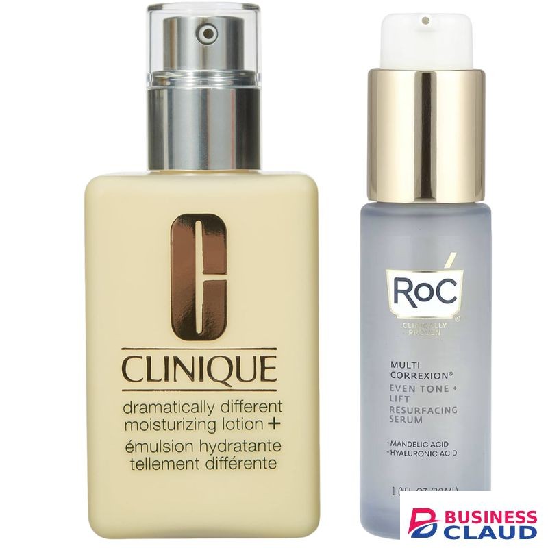 Even Tone & Lift Resurfacing Face Serum with Mandelic Acid + Clinique Moisturizing Lotion. Moisturizes, Brightens, Evens skin tone, Smooths lines, Clears skin, Removes Dark Spots, Discolorations, Lifts the skin & Gives a youthful-looking glow.