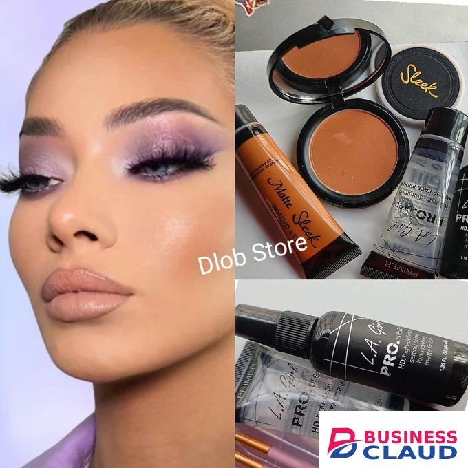 Sleek 4PCs Matte Poreless Powder+Liquid Foundation+Primer+Finish Spray+FREE MAKEUP Sponge