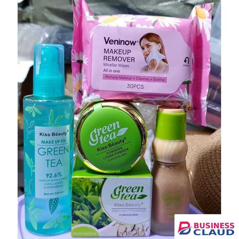 Kiss Beauty 3PACK Matte Finish Powder Green Tea Two Way Powder+Foundation+Setting Spray+FREE MAKE UP REMOVE WIPES