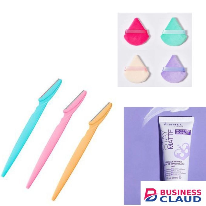 Rimmel Primer + Eyebrow Trimmer + Powder Puff + Free Makeup Bag