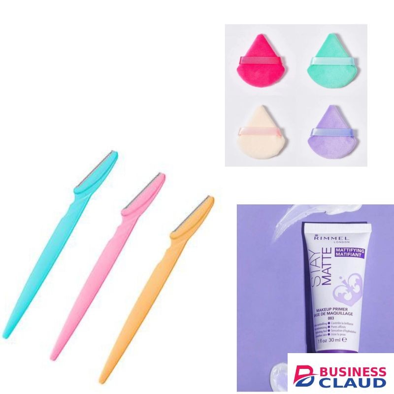 Rimmel Primer + Eyebrow Trimmer + Powder Puff + Free Makeup Bag