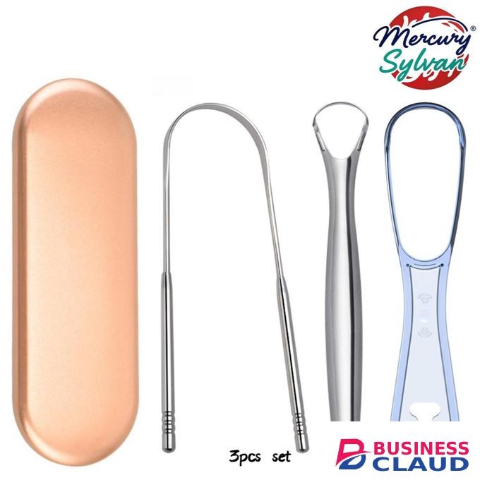MS 3 Pcs- HALITOSIS BAD BREATH Tongue Cleaner Tongue Scraper Set with storage case-Rose gold metal box