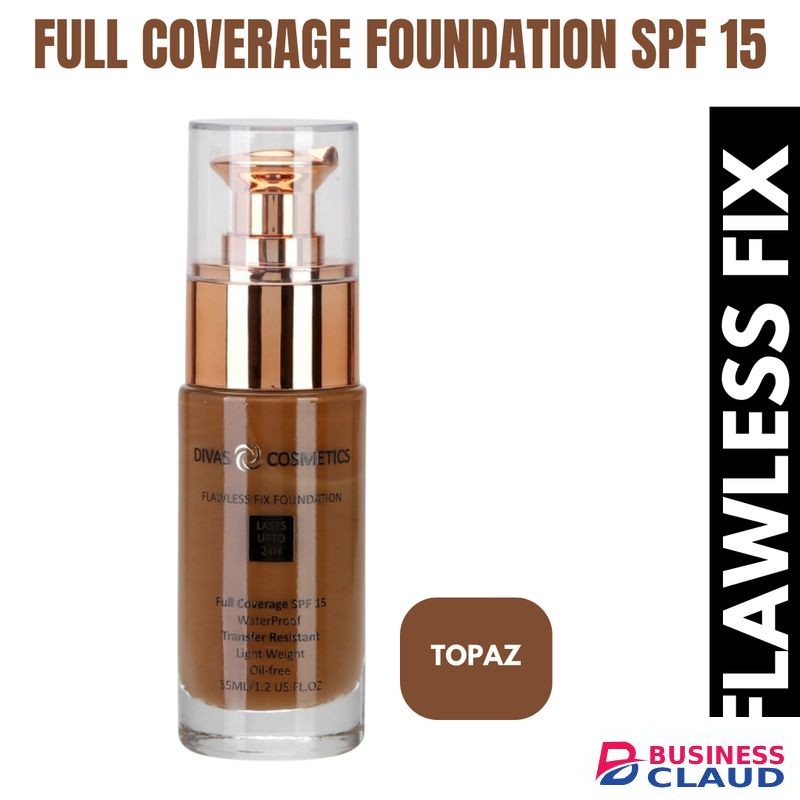 Divas cosmetics Flawless Fix Foundation SPF 15 ~ 24 HR Wear, 35 ml - Topaz
