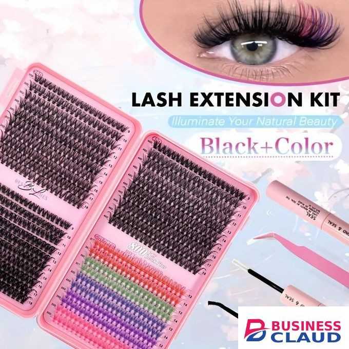 DIY Color Lash Extension Kit , 800pc Fluffy Colored Lash Clusters with D-Curl Eyelashes Volume, Individual Lashes With Lash Bond And Seal Lash Tweezers for Home Salon & Waterproof Wear