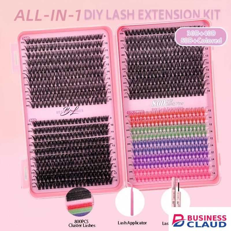 DIY Color Lash Extension Kit , 800pc Fluffy Colored Lash Clusters with D-Curl Eyelashes Volume, Individual Lashes With Lash Bond And Seal Lash Tweezers for Home Salon & Waterproof Wear