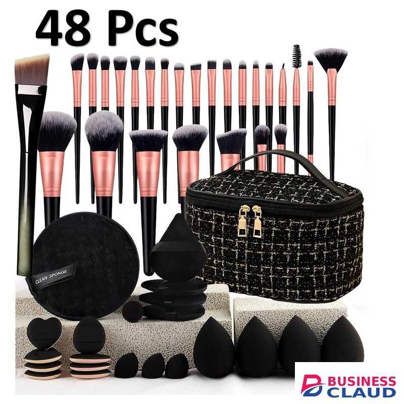 48Pcs Beauty Tools Set, Professional Makeup Brush Set with Small Fragrance Makeup Bag, Powder Puff & Makeup Remover Puff, Portable Toiletry Kit