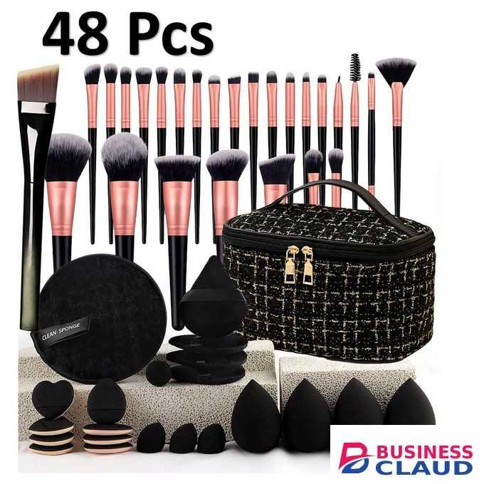 48Pcs Beauty Tools Set, Professional Makeup Brush Set with Small Fragrance Makeup Bag, Powder Puff & Makeup Remover Puff, Portable Toiletry Kit