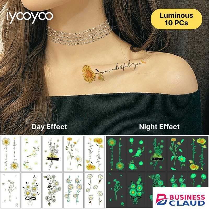 iyooyoo 10 PCS Pack Glow-in-the-Dark Daisy Stickers 120x68mm Body Safe Temporary Tattoos, UV & Sun Charged, Non-Allergenic, Boho Flower Skin Art