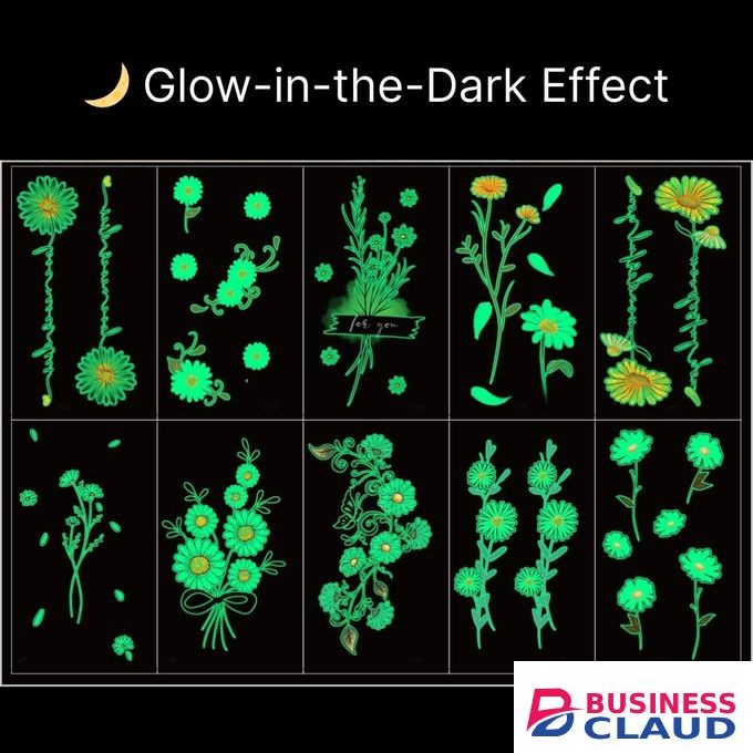 iyooyoo 10 PCS Pack Glow-in-the-Dark Daisy Stickers 120x68mm Body Safe Temporary Tattoos, UV & Sun Charged, Non-Allergenic, Boho Flower Skin Art