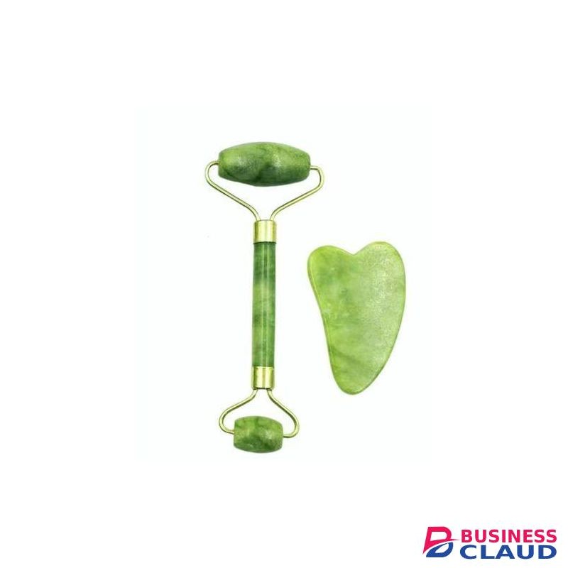 2-piece set of natural jade beauty massager, facial roller, jade scraping piece, green