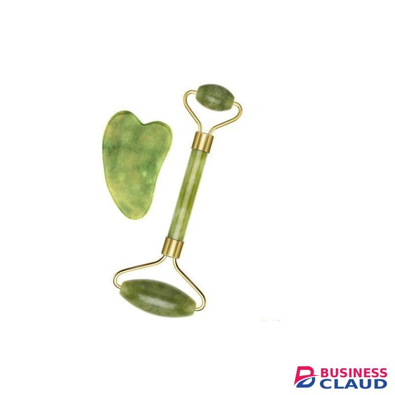 2-piece set of natural jade beauty massager, facial roller, jade scraping piece, green