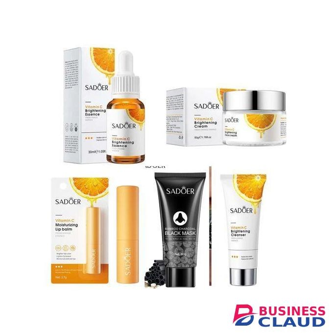 SADOER 5 in 1 vitamin c serum + vitamin c cream + moisturizing lipbalm + black head mask + vitamin c face wash