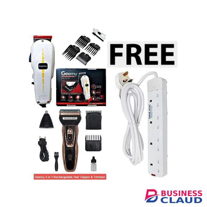Geemy Professional Barbering Hair Shaving Machine-Kinyozi + Free 3 In 1 Electric Rechargeable Shaver Nose, Smoother & 4 Way Power Extension Cable