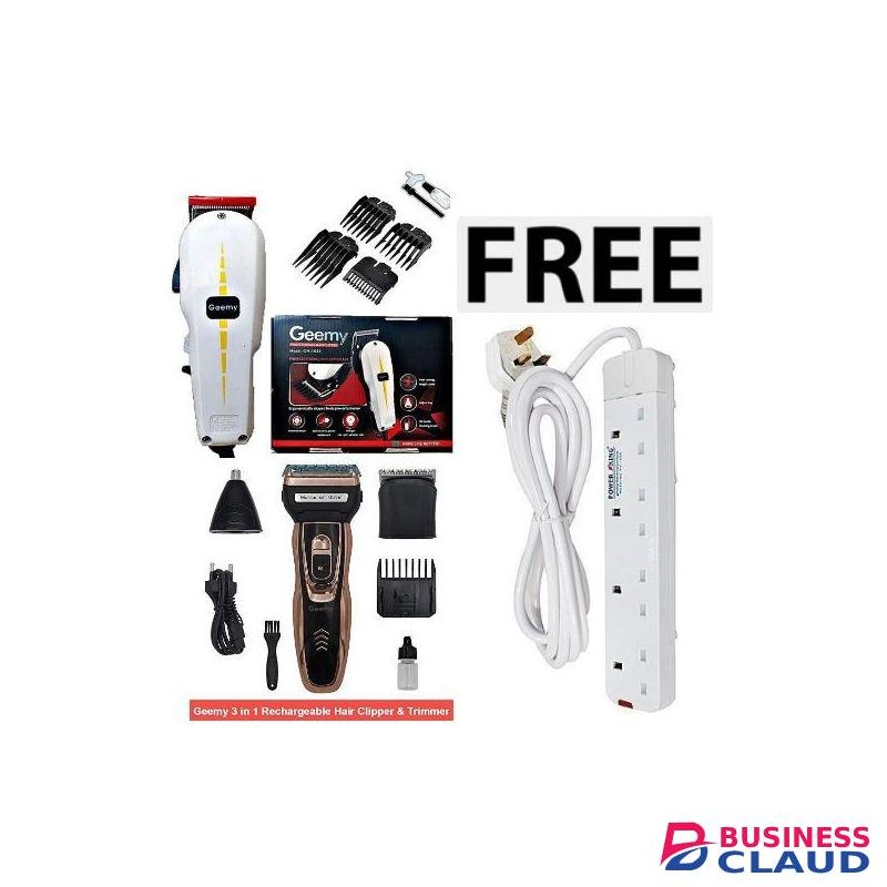 Geemy Professional Barbering Hair Shaving Machine-Kinyozi + Free 3 In 1 Electric Rechargeable Shaver Nose, Smoother & 4 Way Power Extension Cable