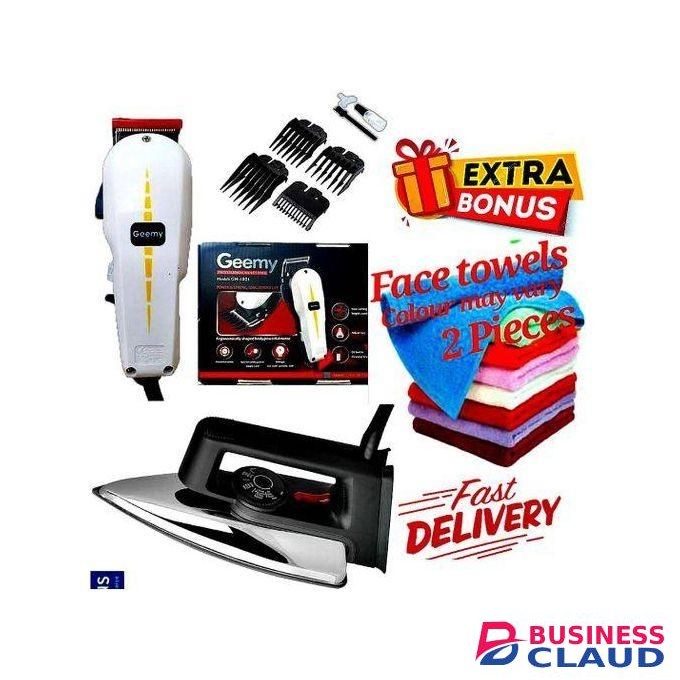 Geemy ELECTRIC Professional HAIR Clipper SHAVER / Beard Trimmer- Shaving MACHINE-KINYOZI + GIFTS ELECTRIC IRONING BOX // IRONBOX 1000W & 2 Pieces Face Towels