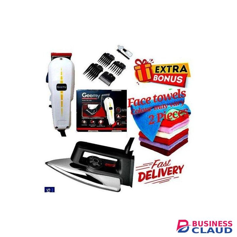 Geemy ELECTRIC Professional HAIR Clipper SHAVER / Beard Trimmer- Shaving MACHINE-KINYOZI + GIFTS ELECTRIC IRONING BOX // IRONBOX 1000W & 2 Pieces Face Towels