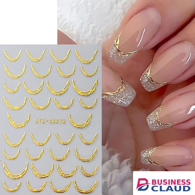 2-Piece Golden 3D French Tips Nail Stickers - Metal Stripe/Swirl Decals, Self-Adhesive Gel Sliders, Shiny Elegant Manicure Decor