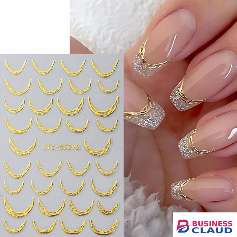 2-Piece Golden 3D French Tips Nail Stickers - Metal Stripe/Swirl Decals, Self-Adhesive Gel Sliders, Shiny Elegant Manicure Decor