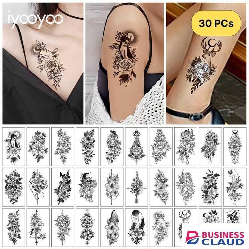 iyooyoo 30 PCS-Pack Sketch Flower Tattoo Stickers - Elegant Black & White Rose, Butterfly, Daisy Temporary Tattoos (97x57mm) for Women, Cover Scars, Boho Chic Body Art