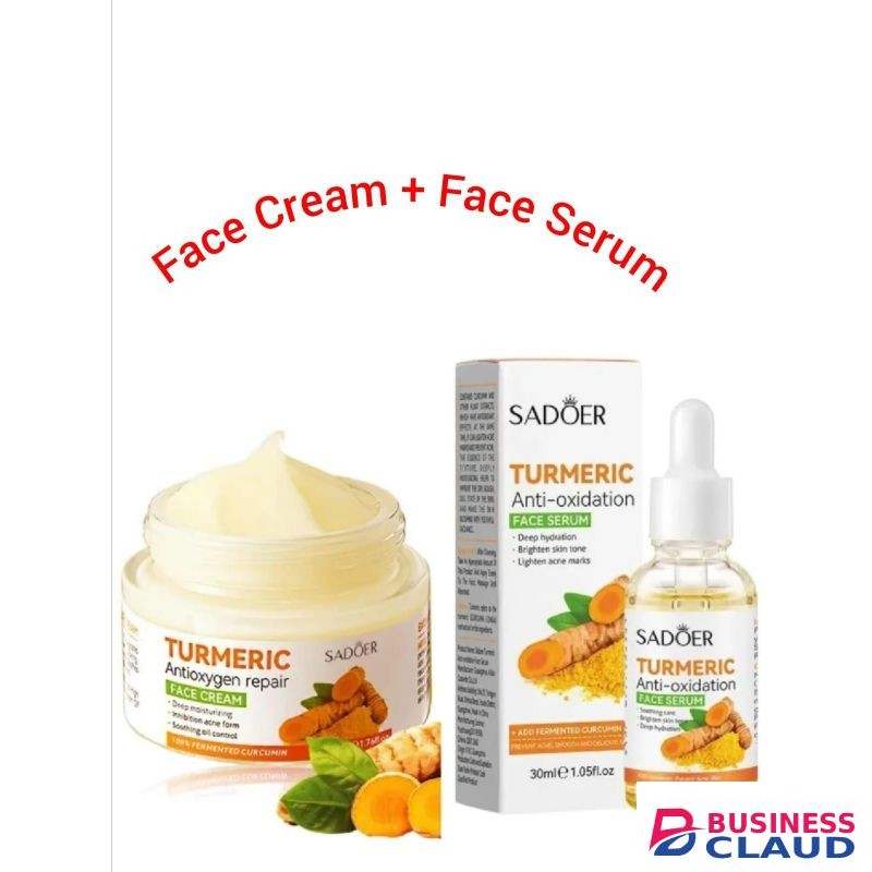 SADOER Quality 2 in 1,Turmeric Cream + Tumeric Serum, the Combination of Tumeric Cream and Turmeric Serum Guarantees Like Vitamin C, Deep Hydration, inhibits Acne formation, Lighten Acne Marks, Sooth