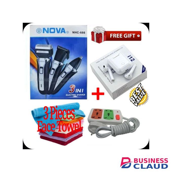 Nova NHC-666 3 In 1 Electric Shaving Machine/Shaver + Free i12TWS Earbuds,2 Way Power Extension Cable & 3 pieces Face Towels