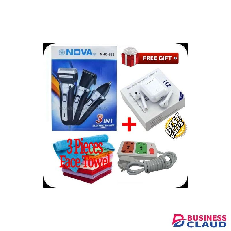 Nova NHC-666 3 In 1 Electric Shaving Machine/Shaver + Free i12TWS Earbuds,2 Way Power Extension Cable & 3 pieces Face Towels
